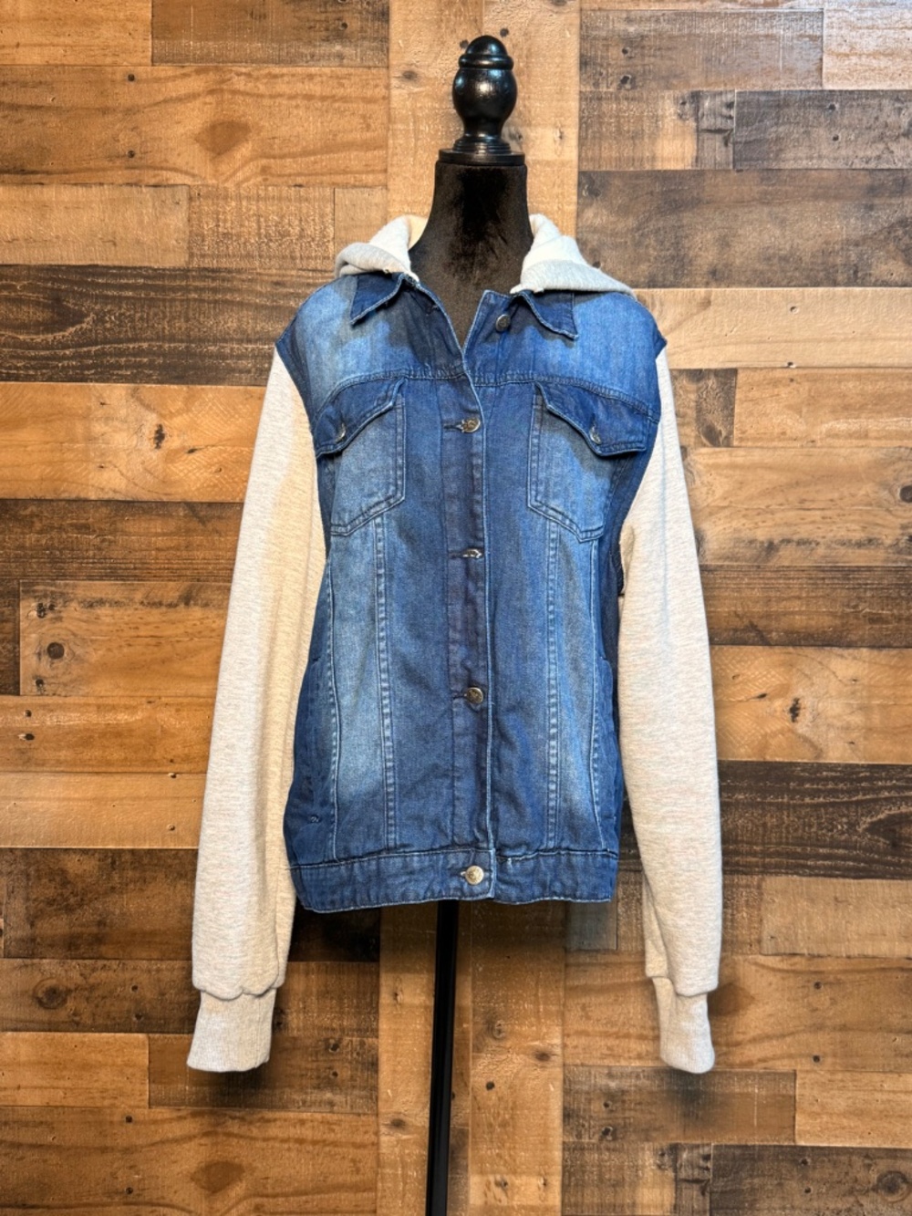 Skyline Wears Women's Blue Gray Jean Jacket Sweatshirt Hoodie Hooded Size XL